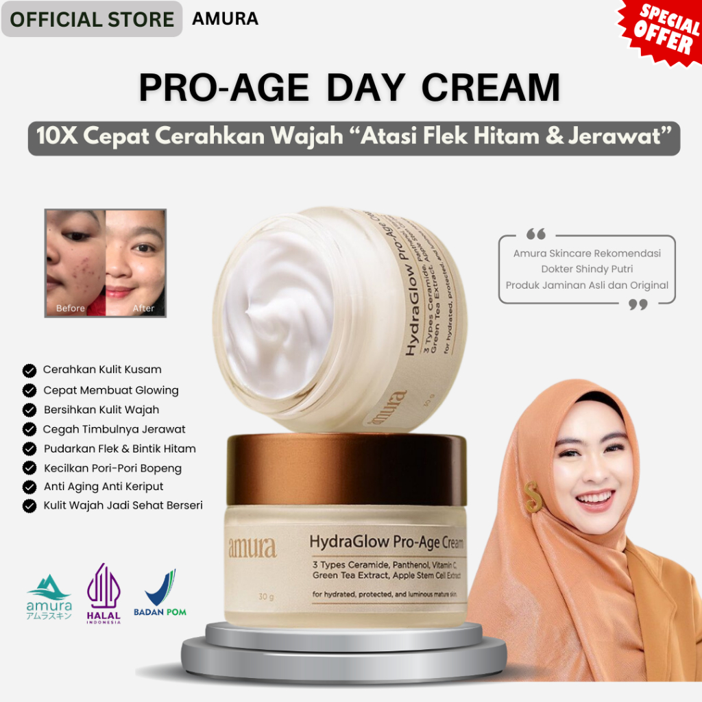 Day Cream Pro Age HydraGlow Amura Skincare Official - Cream Pagi dengan 3X Ceramide untuk Memperbaik