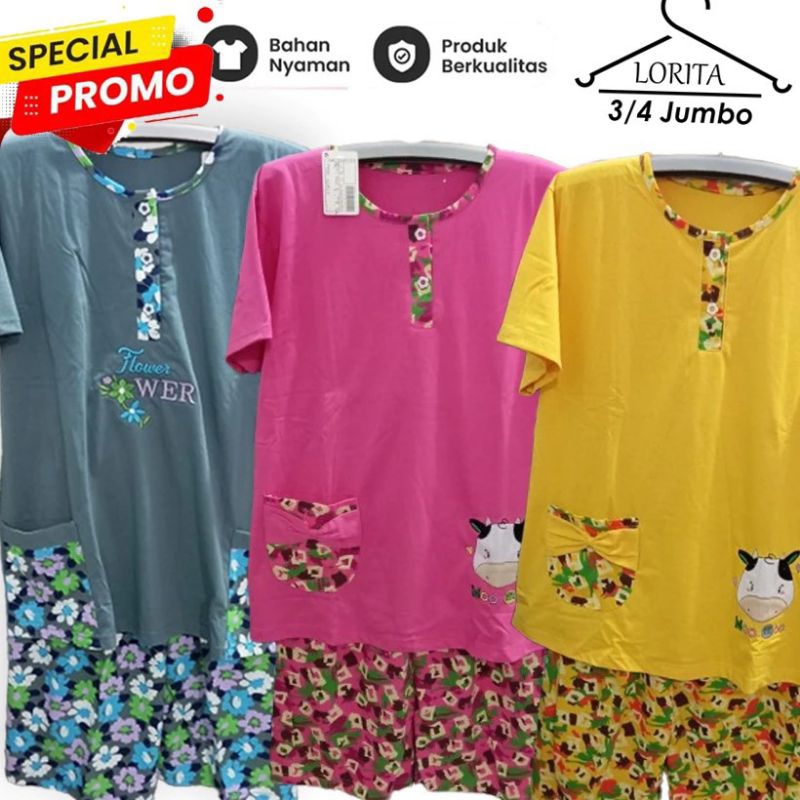LORITA - Baju Tidur Setelan 3/4 Ukuran Jumbo / Piyama Wanita Terlaris Dengan Bahan Katun Tebal Halus