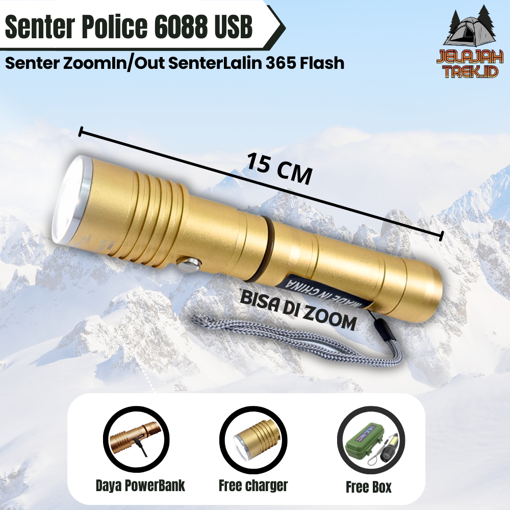 Senter Police 6088 USB Senter ZoomIn/Out SenterLalin 365 Flash