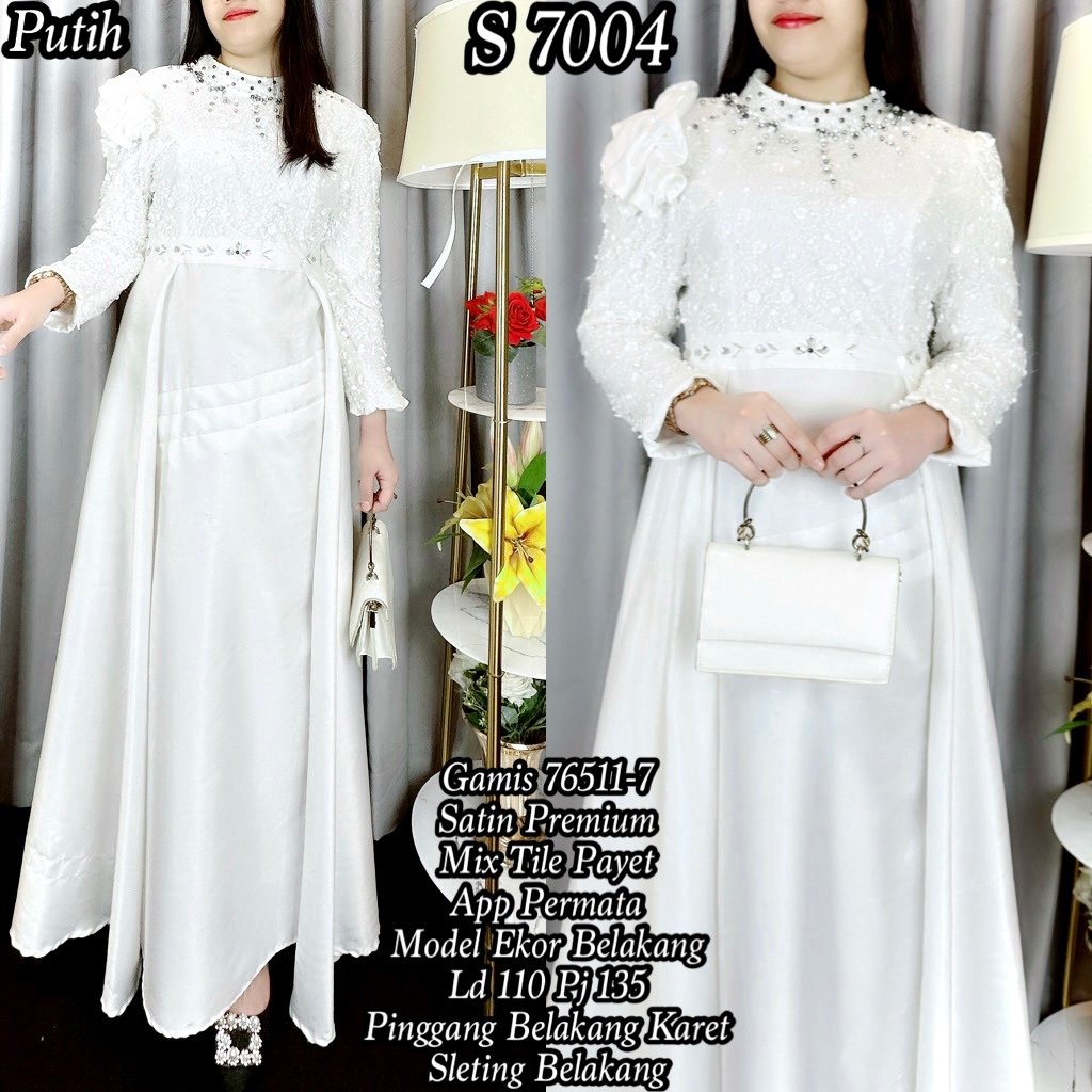 7004 Gamis Satin Ekor Tile Payet Gaun Muslim Putih Wanita 76511