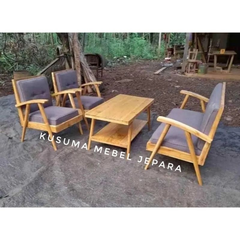 Set Meja Kursi Tamu Minimalis Kayu Jati (1 Meja 3 Kursi + Bantalan Busa)
