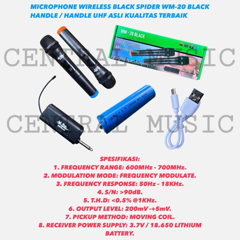 MICROPHONE WIRELESS BLACK SPIDER WM-20 BLACK HANDLE / HANDLE UHF ASLI KUALITAS TERBAIK
