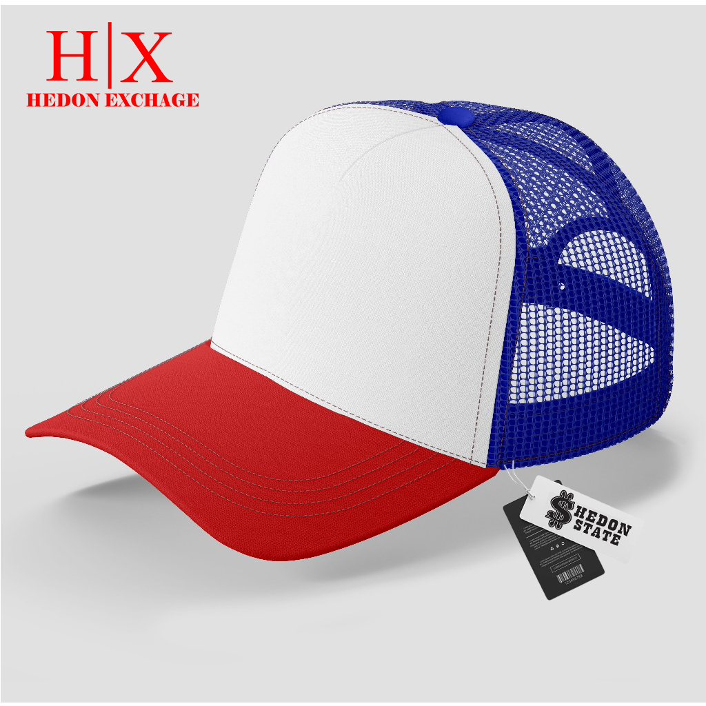 HEDON STATE Topi Trucker Jaring Polos Merah Putih Biru Casual Pria Wanita Unisex Kekinian