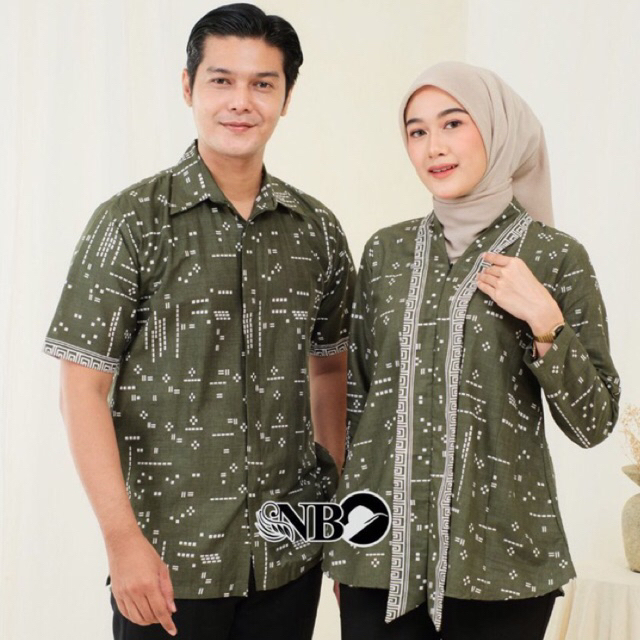 Baju Batik Couple Bahan Katun Lengan Pendek Batik Rhizqy Pekalongan Motif Tetris Hijau Lumut M L XL 