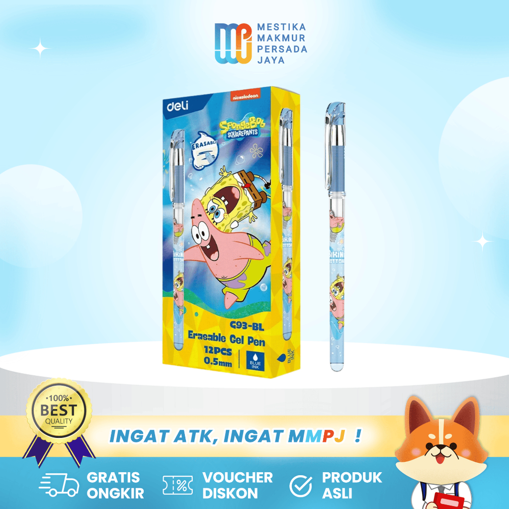 

Deli Erasable Gel Pen Spongebob | Pulpen Gel 0.5mm Tinta Hitam/Biru EG93