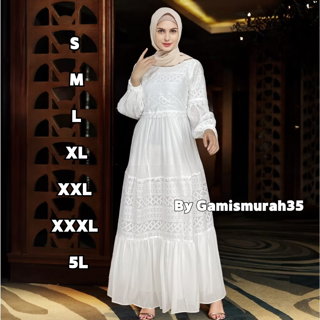 Baju Dress Gamis Putih Wanita Muslim | gamis umroh kekinian Terbaru / Gamis Brokat Burkat Borkat Kon
