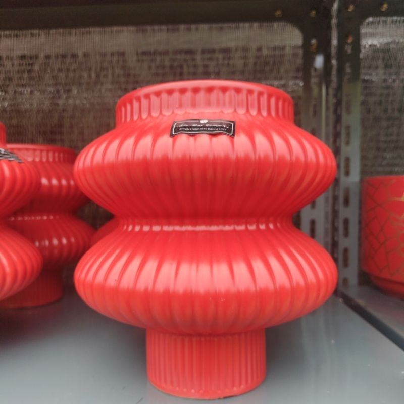 pot keramik pot tanaman hias pot model bulat tingkat warna merah