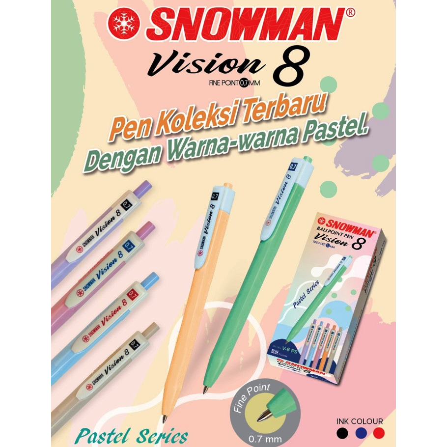 

PACK BOLPEN SNOWMAN VISION 8 (V8) PASTEL 0.7MM ISI 12PCS