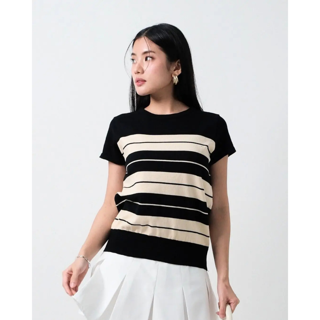 Khinan Collection - Dami Short Sleeve Maxi Top - Kaos garis-garis rajut | Kaos Rajut