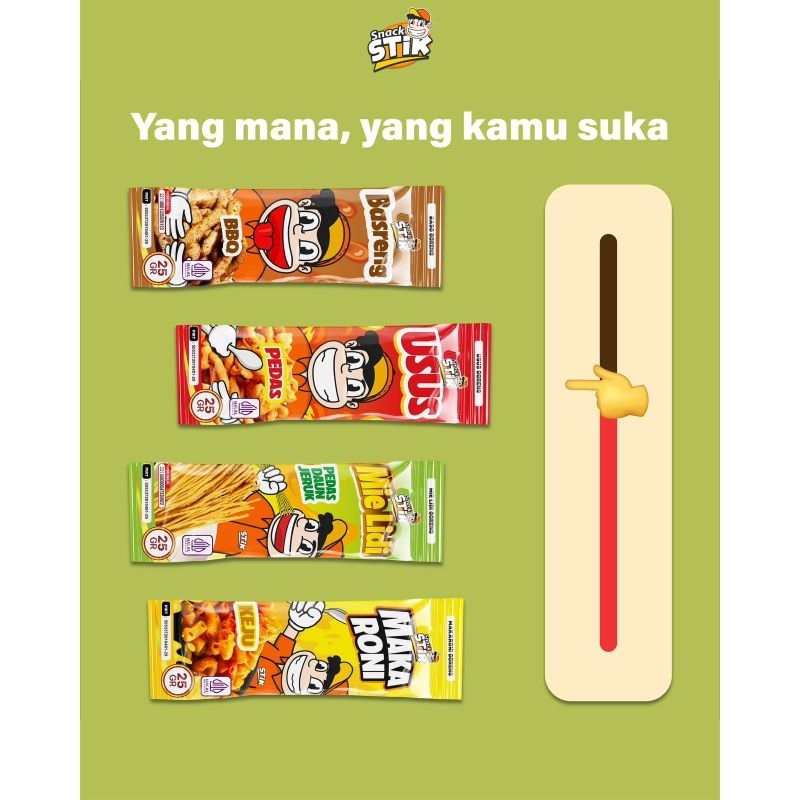 

Snack Stik isi 3 Bungkus PerPack ukuran masing2 berat 25gr Varian Basreng, Mie Lidi, dan Macaroni