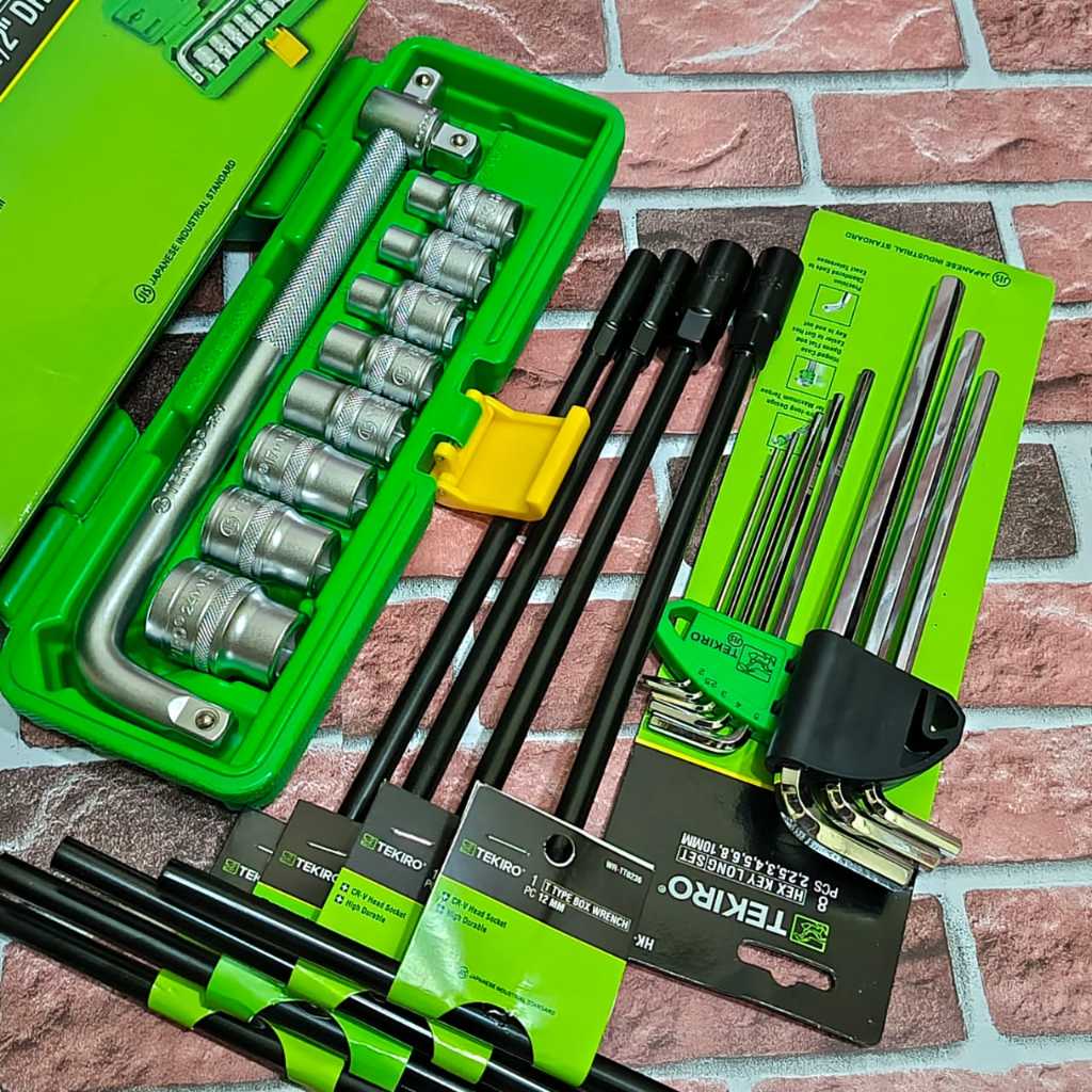TEKIRO Paket Lengkap Kunci Sok T 8-10-12-14mm + Tekiro 10 Pcs 8-24 Box Plastik + Kunci L Tekiro / Pa
