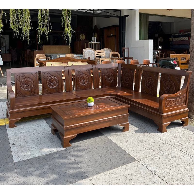 Kursi Sudut Semut Jarik/Kursi Tamu Sudut Letter L Jati Minimalis