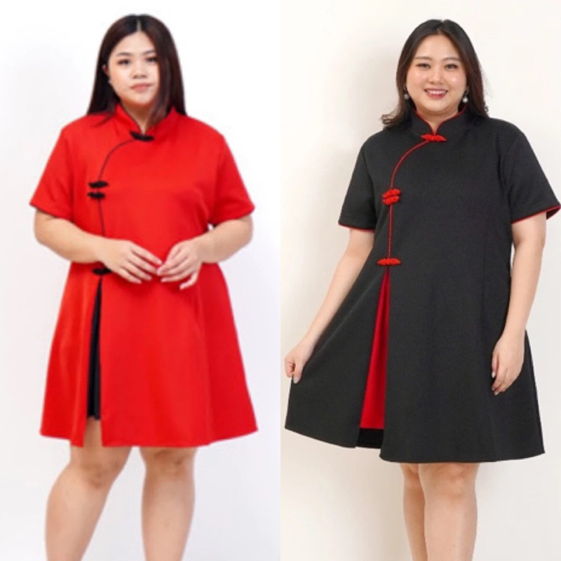 DRESS CHEONGSAM WANITA JUMBO BIG SIZE PREMIUM 033 BAJU IMLEK ORIENTAL OVERSIZE SHANGHAI XXL XXXL | D
