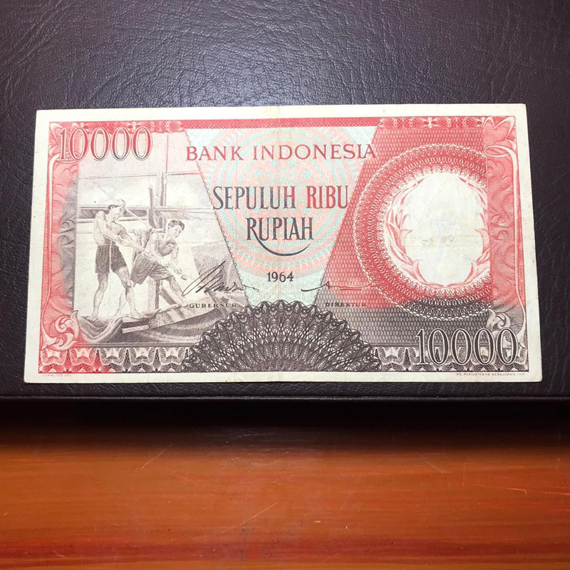 Uang Kuno Indonesia Asli Seri Pekerja Merah 10.000 Rupiah Tahun 19564 No. Seri JAZ