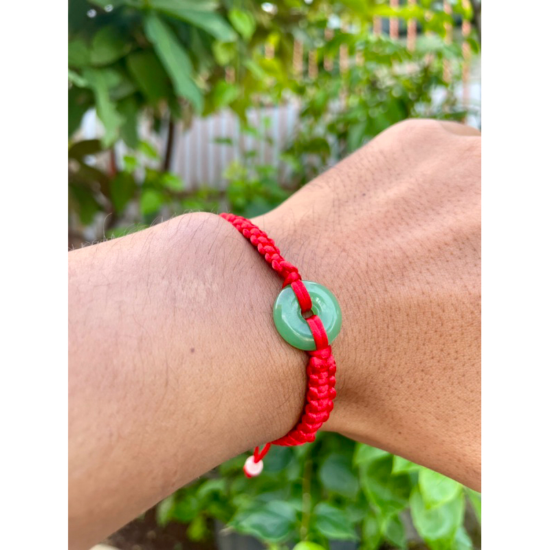 Gelang Merah Tali Anyam Batu Giok Hijau