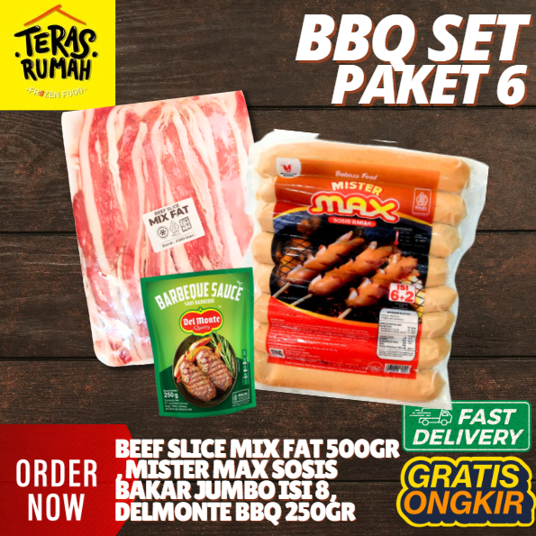 

PAKET BBQ 6 GRILL BEBAKARAN - BEEF SLICE MIX FAT, MISTER MAX SOSIS DAN DELMONTE BBQ