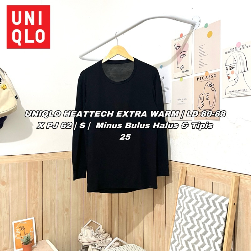 Long Sleeve Uniqlo Heattech Unisex Hitam Size S Minus Bulu Halus & Tipis