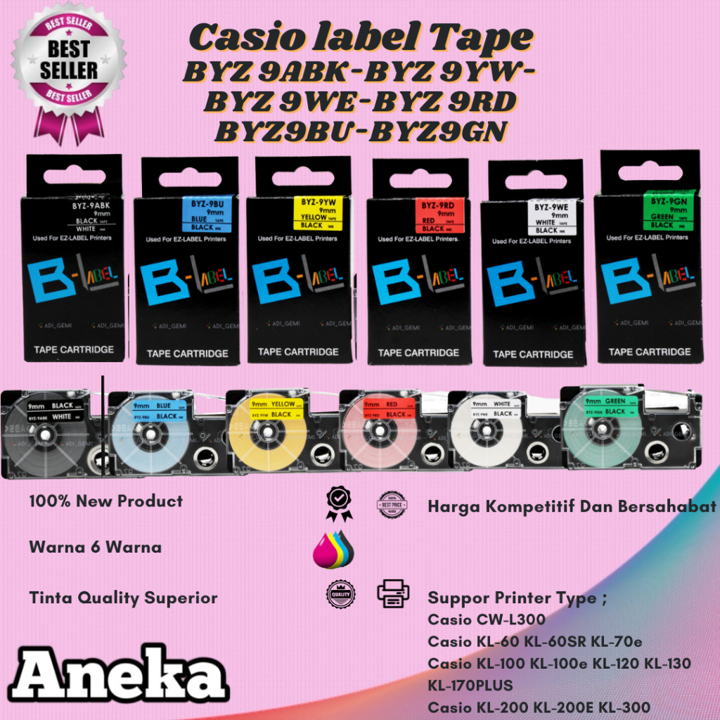 

Compatible Label Tape Casio BYZ 9ABK, BYZ 9WE, BYZ 9BU, BYZ 9YW - 1 Set
