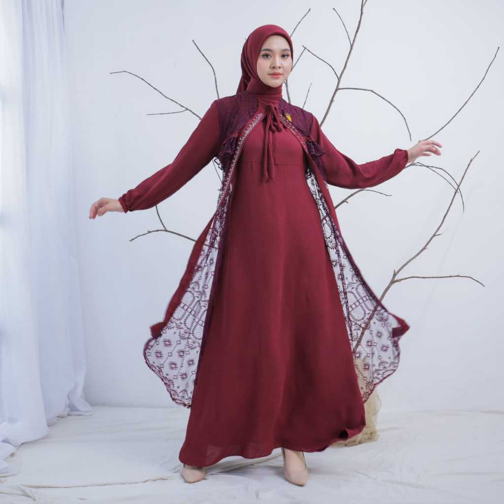 One set  Gamis Dewasa Mahalini Bahan Crincle high mix Brukat (Gamis + Hijab +Brooch) Terbaru
