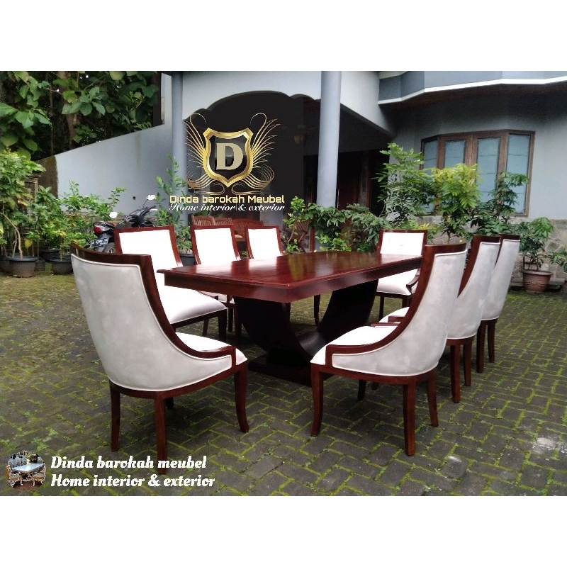MEJA MAKAN VINTAGE KAYU JATI SET 8 KURSI, MEJA MAKAN KURSI JOK MODERN JATI BERKUALITAS