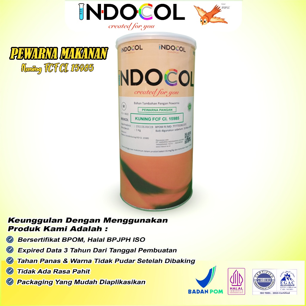 

Pewarna Makanan INDOCOL KUNING FCF CI.15985 (SUNSET YELLOW FCF) (HC)