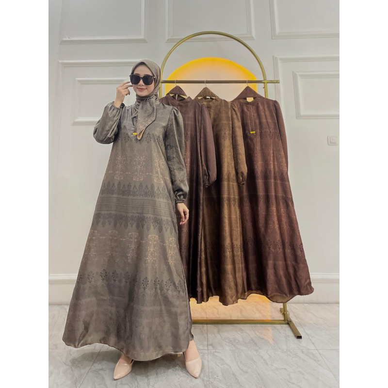 Gamis Armany brown digital motif WYGG MAYUNG set hijab