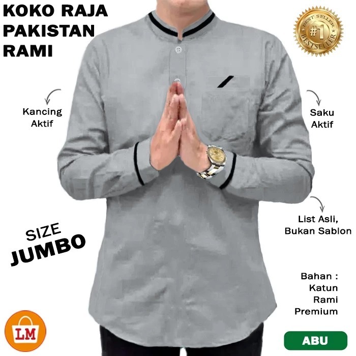 Baju Pria Muslim KOKO RAJA PAKISTAN RAMI Lengan Panjang Size JUMBO Bahan Katun