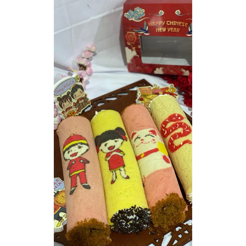 

Bolu gulung lukis Hampers cantik untuk Imlek Gong Xi Fat Cai