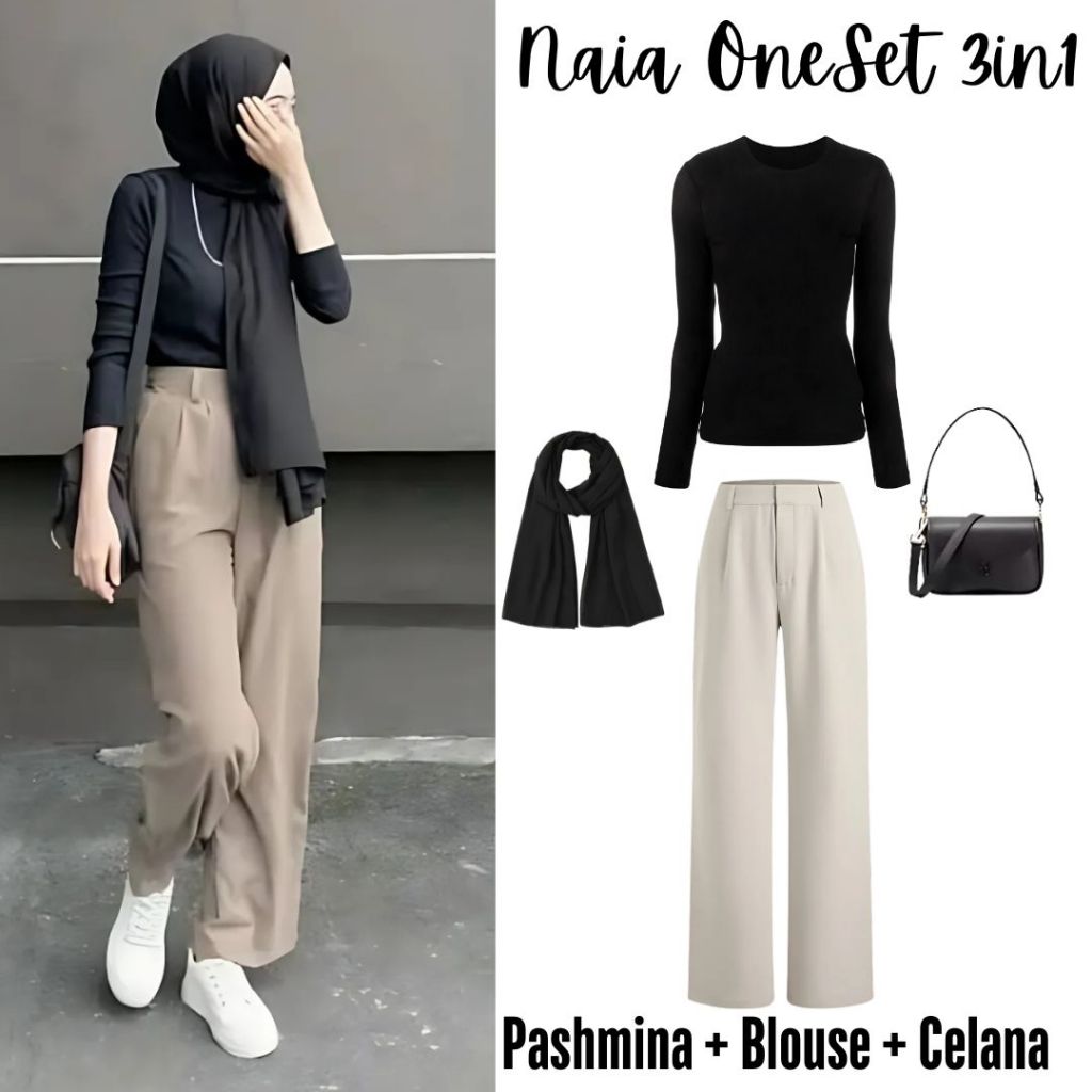 Oneset 3in1 blouse hitam celana kulot pashmina ceruty | ootd outfit main hangout kuliah formal kampu