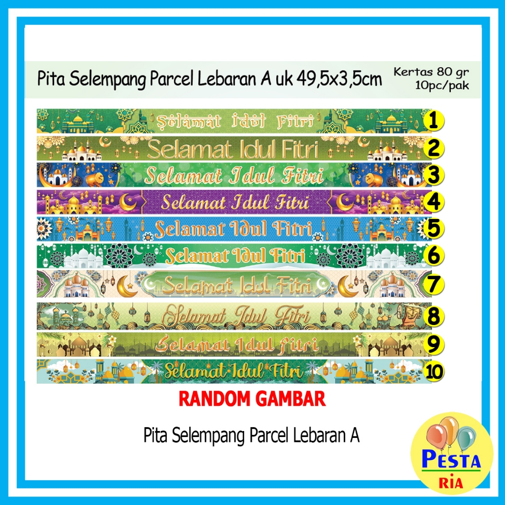 

Murah!! ( 1 Pak isi 10 Lembar) Pita Selempang A, pita parcel lebaran, paper belt idul fitri, banner bingkisan kue lebaran, hiasan toples idul fitri,islamic, lebaran, idul fitri, eid mubarak, hari raya, minal aidin, fitr