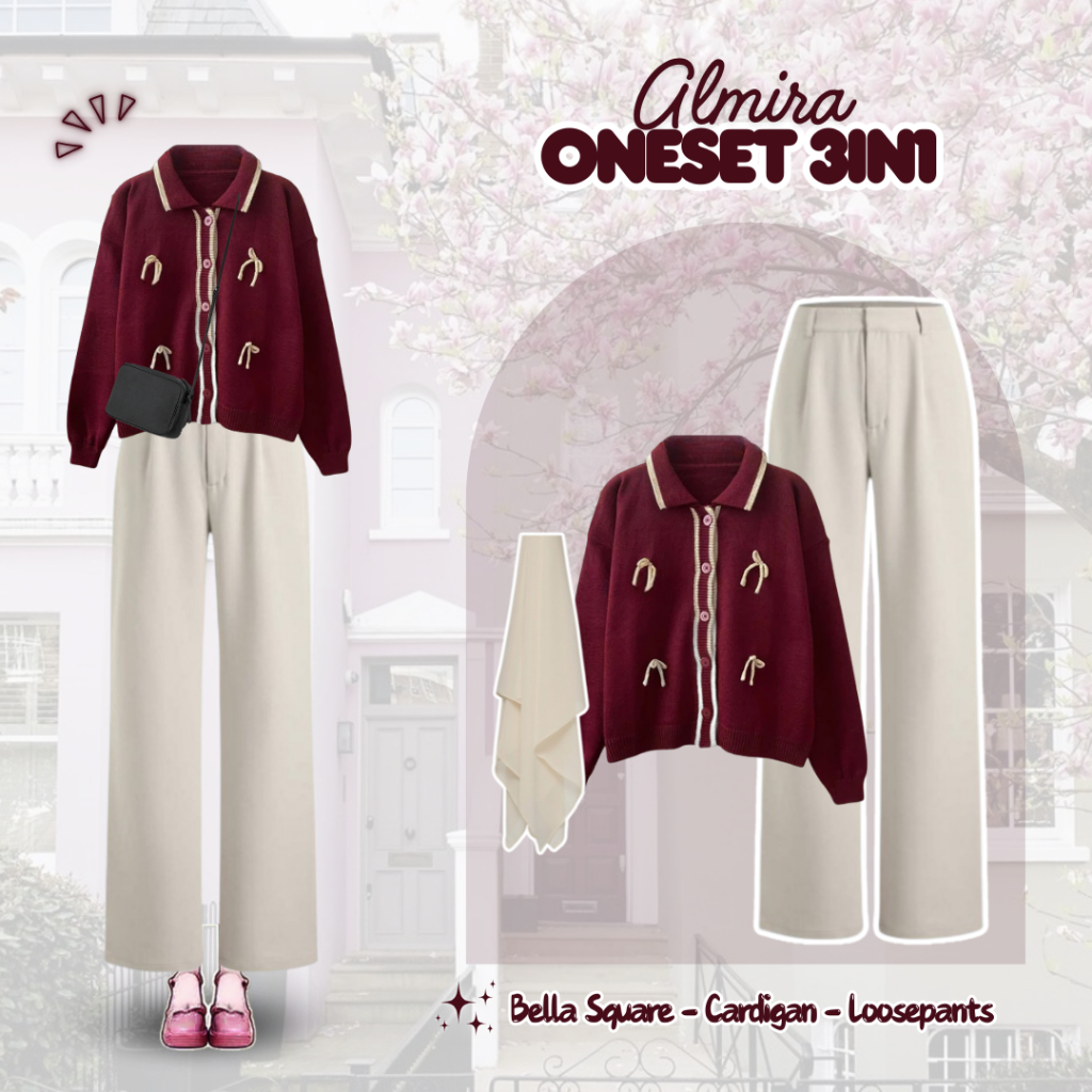 ALMIRA Oneset 3in1 ( Loosepants + Cardigan Marun + Bella Sqaure ) Ide Outfit Nongki Trendy, DS6