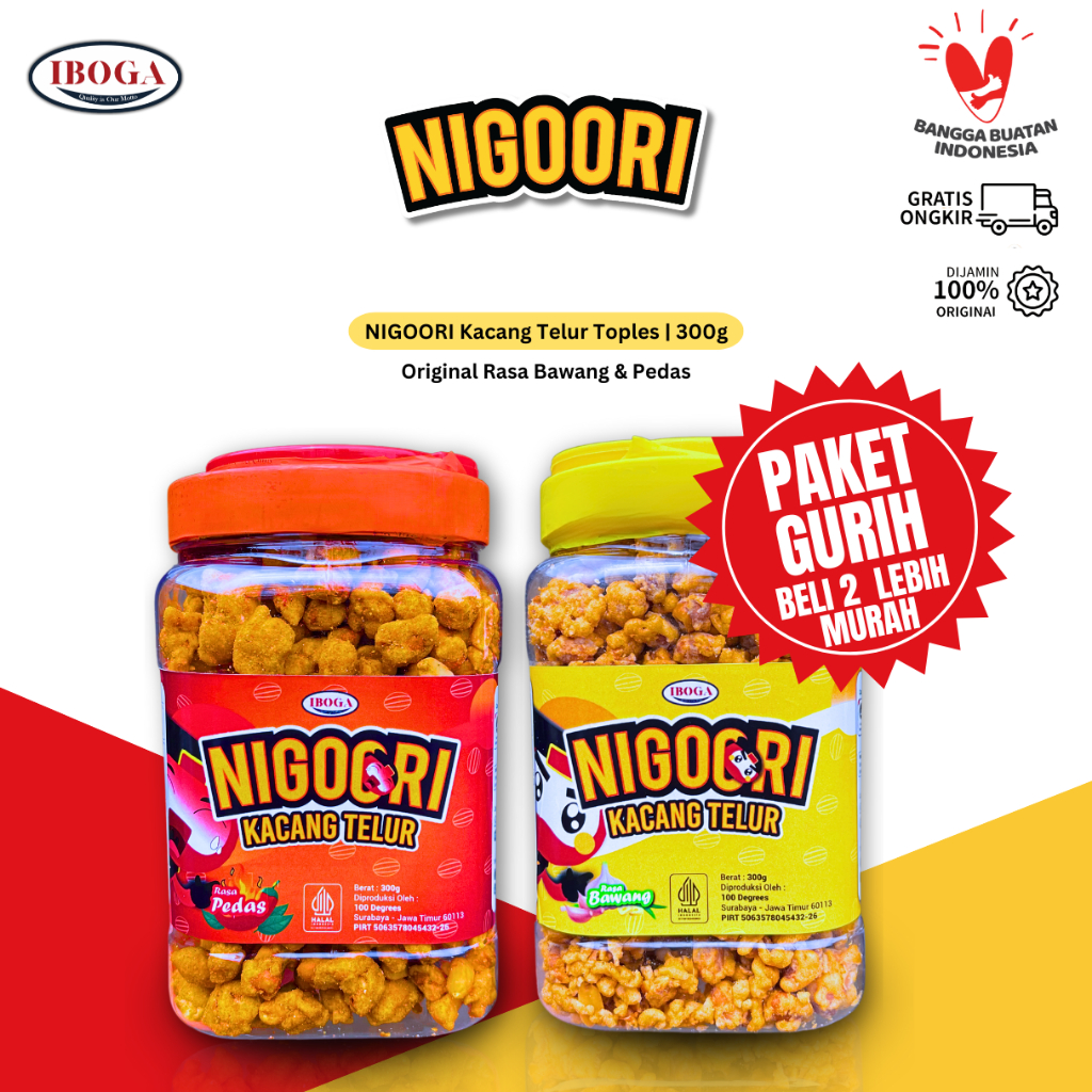 

[PAKET GURIH ISI 2 TOPLES] Snack kacang Telur Gurih kemasan Toples 300g NIGOORI