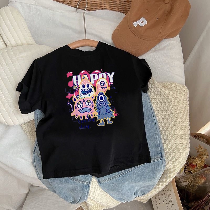 cewek 10 tahun import|Kaos anak perempuan|2-12 Tahun|Fun lucu monster dicat bahagia baris lucu monst