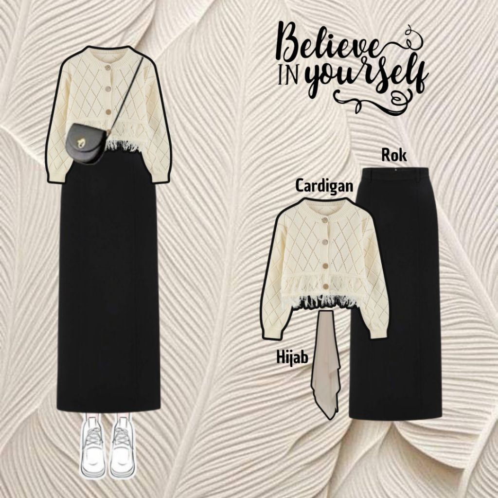 Setelan Wanita Hijab Kekinian ( Cardigan + Rok + Hijab ) OOTD Korean Style Remaja E30