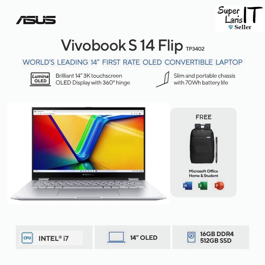 ASUS Vivobook S 14 Flip OLED TP3402VA-OLEDS752 intel core i7-13700H ram 16GB ssd 512GB 14 OLED Touch