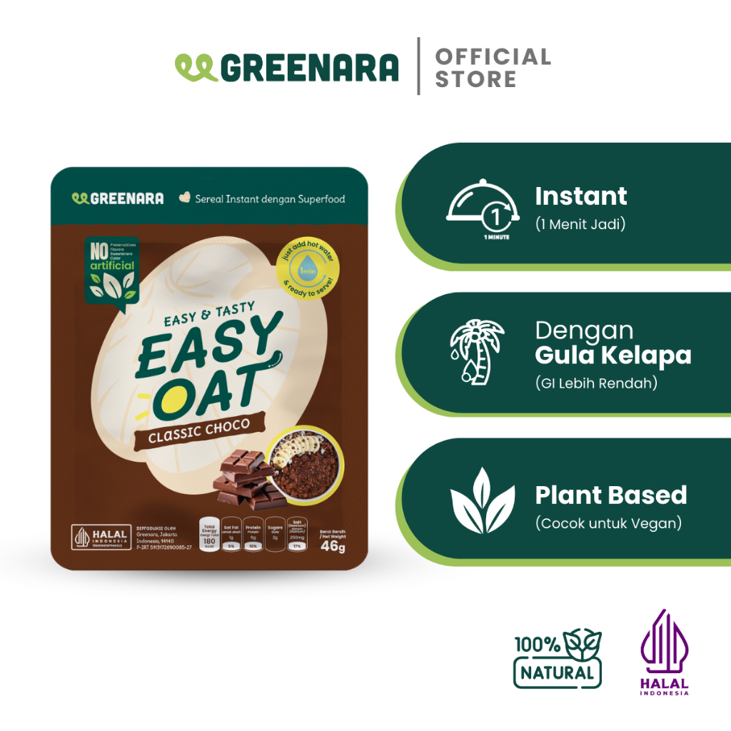 

Greenara Easy Oat Choco / Oatmeal Instant Low Calorie (180cal/serv) Sarapan Tinggi Protein & Serat