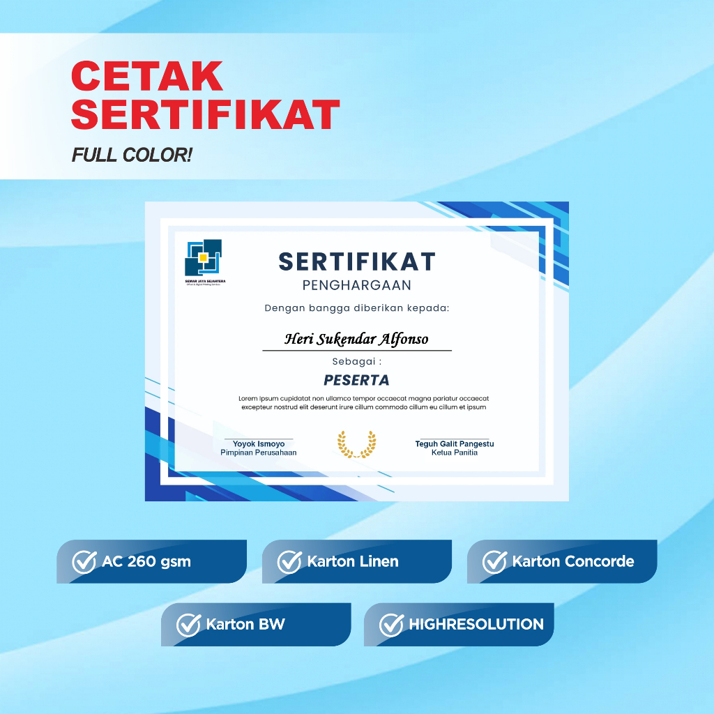

Cetak Sertifikat Piagam full color Costum Ukuran A4