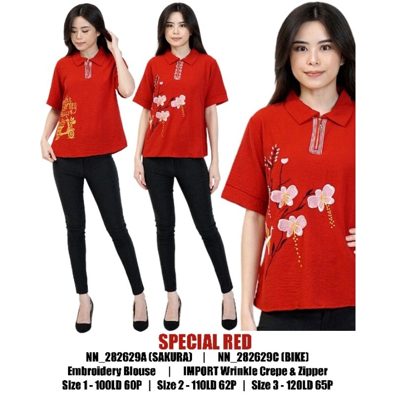 Atasan blus bordir wanita merah natal & imlek (6 MODEL)