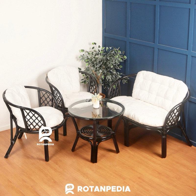 (Luar Jawa) Kursi Tamu Bahama Rotan Hitam Minimalis 1 Set | Kursi Sofa Tamu Rotan | Kursi Rotan Mini