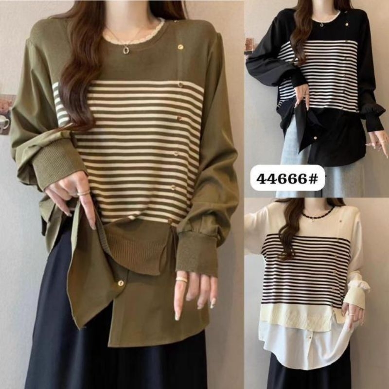 Atasan Korean Style Kombinasi Rajut Salur Tebal Dan Polos Katun Poplin