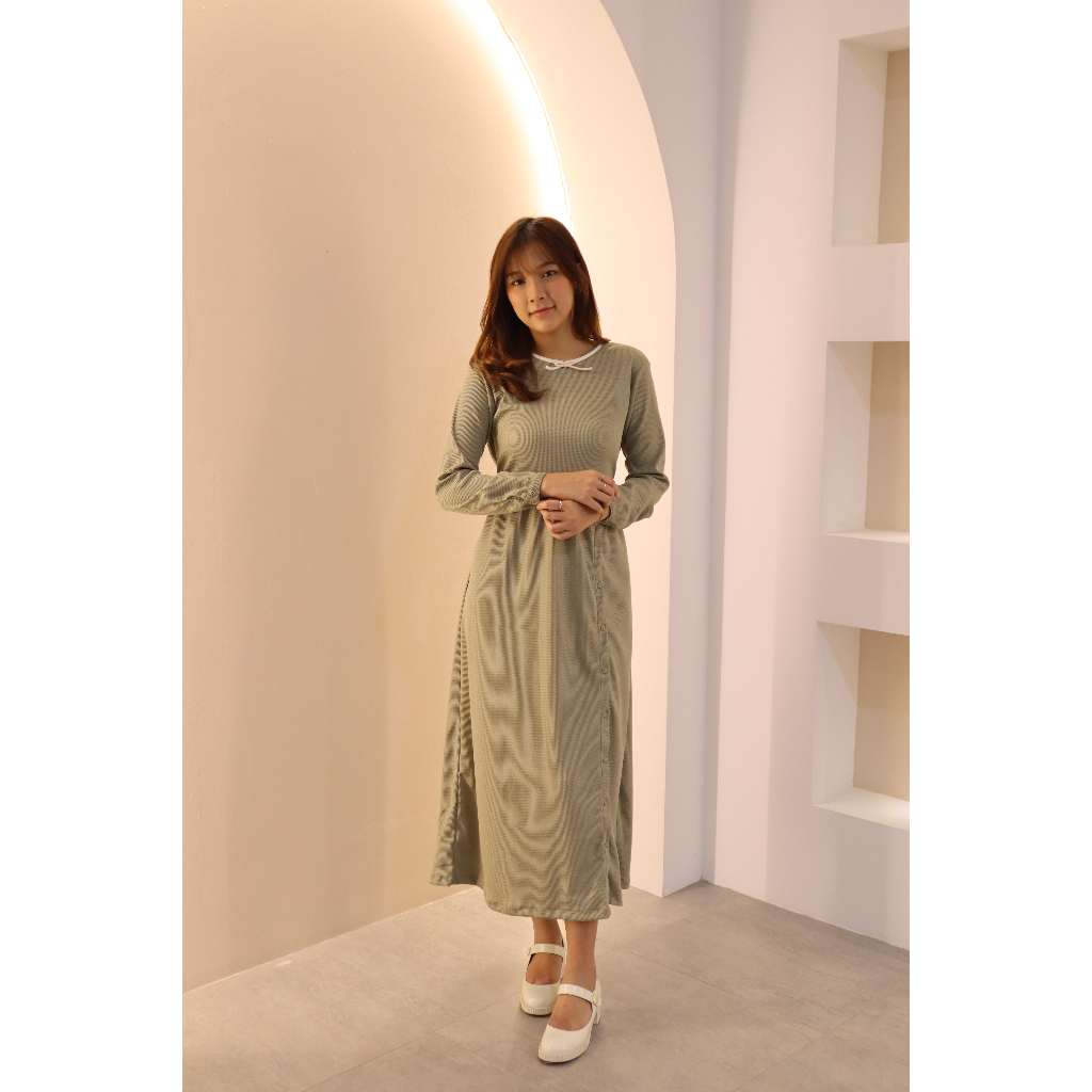 Missty Freeteen Gamis Dress Wanita Warna Hijau Putih Lengan Panjang Missty Warna Hijau Best Seller (