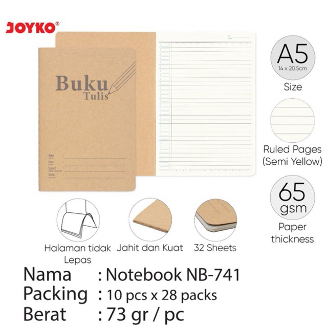 

( 1 pack = 10 buku ) Joyko Buku Tulis NB-741 Notebook Ruled A5 / Buku Tulis Quarto Bergaris NB741 32 Lembar Sampul Coklat isi 10 buku