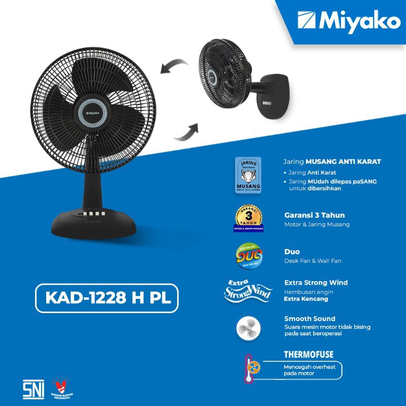 DESK FAN MIYAKO 12 INCI / KIPAS ANGIN MEJA 2 IN 1 BAHAN PLASTIK ANTI KARAT KAD 1228H PL