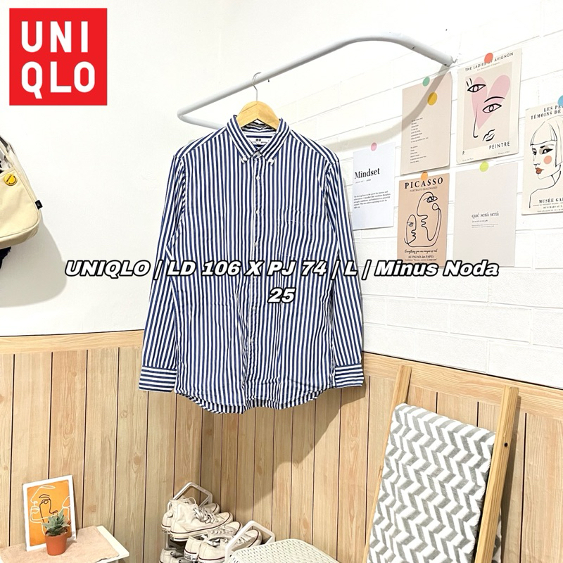 Kemeja Uniqlo Lengan Panjang Stripe Katun Pria Unisex Size L Minus Noda