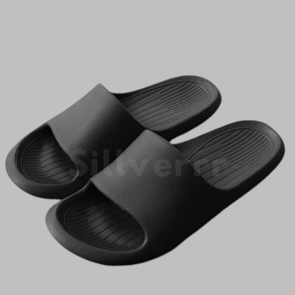 Tren Kekinian Sandal Slop Hitam Pria Wanita Sendal Rumah Karet Polos D