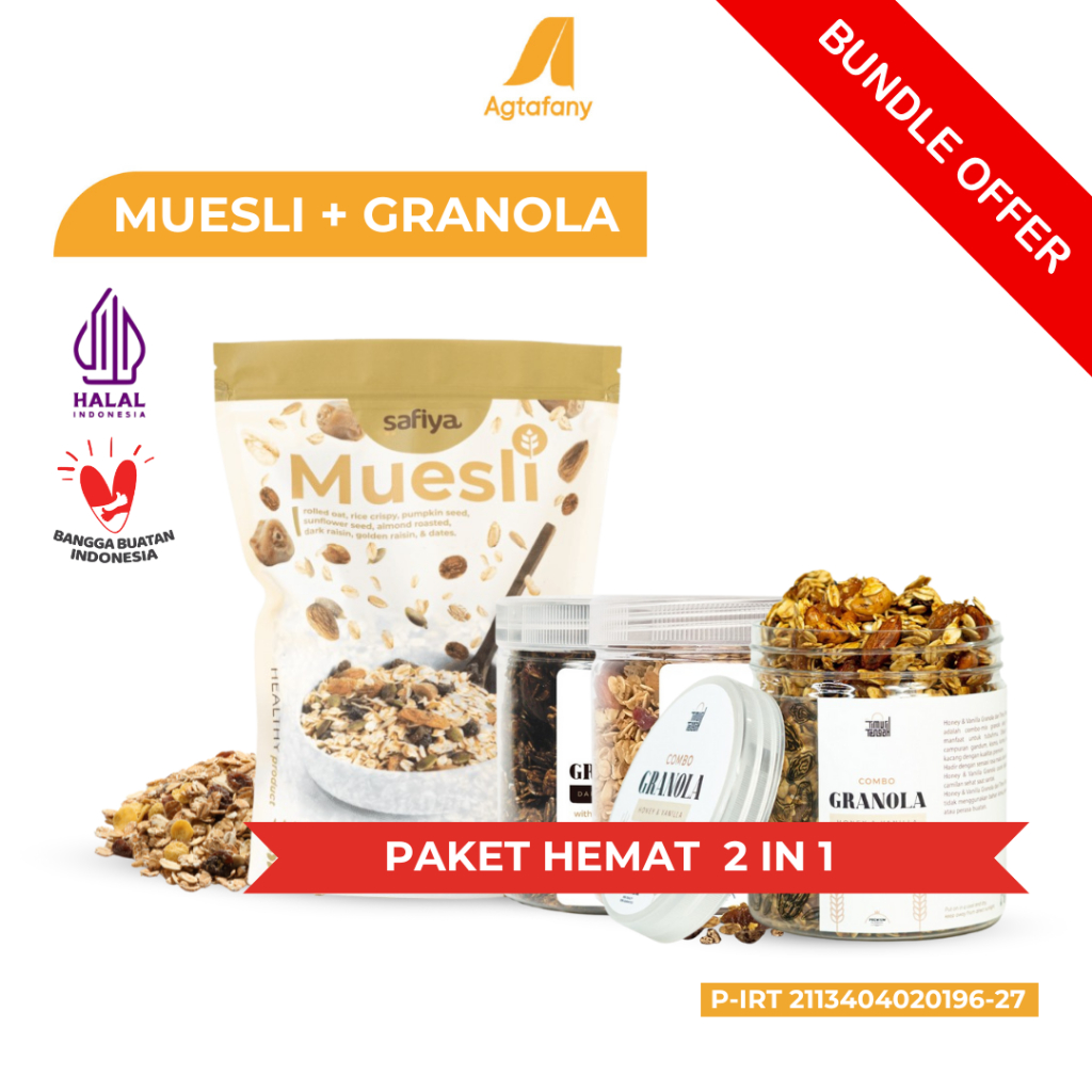 

[Paket Hemat] Muesli Safiya 500 gr + Granola Coklat Blueberry Vanilla 250 gr Timur Tengah | Sereal Oatmeal Sarapan Sehat Camilan Healthy Food