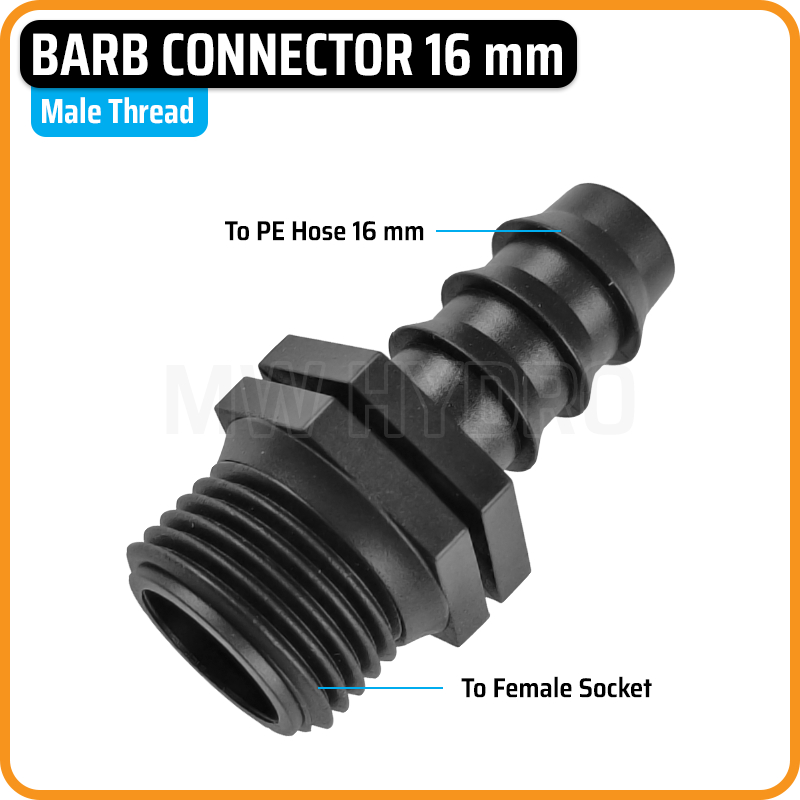 Barb Connector 16 mm - Male Thread | Konektor Selang PE Irigasi Hidroponik - Drat Luar