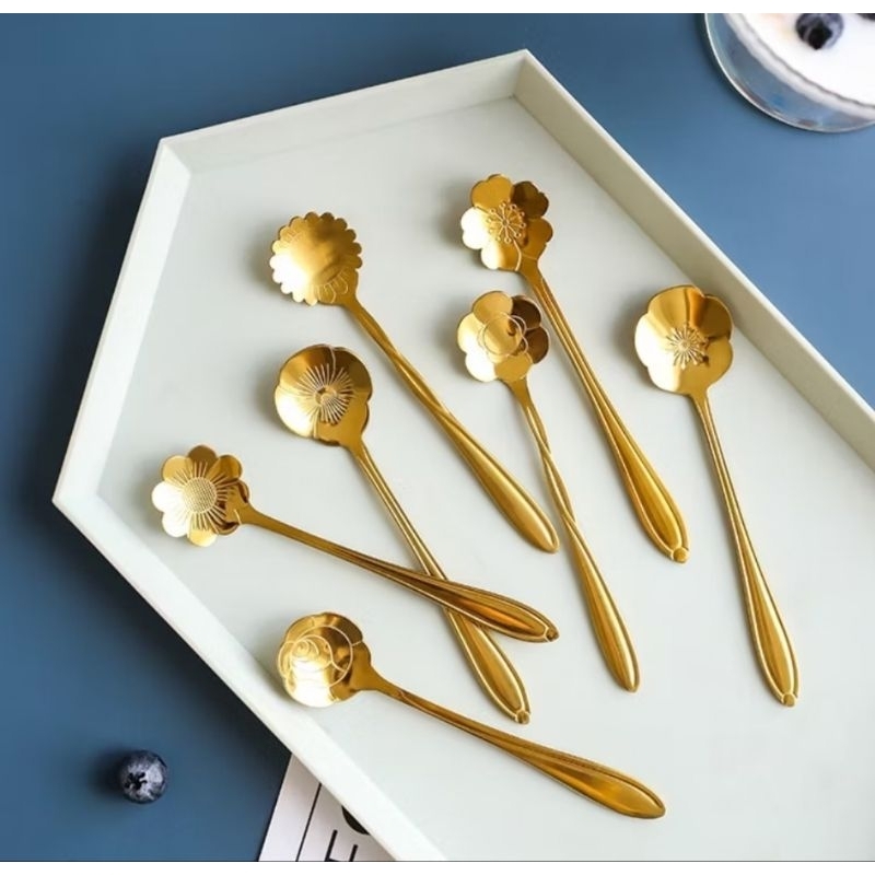 SENDOK TEH KOPI STAINLESS MOTIF BUNGA / SENDOK WARNA EMAS