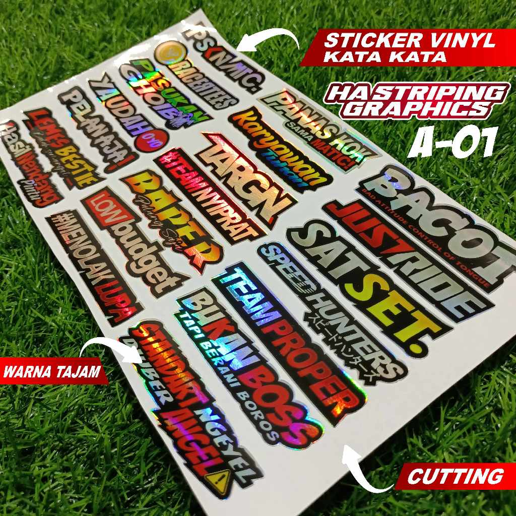 

Warna A-01 Sticker Hologram Vinyl Kata 1 lembar isi 21 pcs stiker racing cutting variasi motor helm