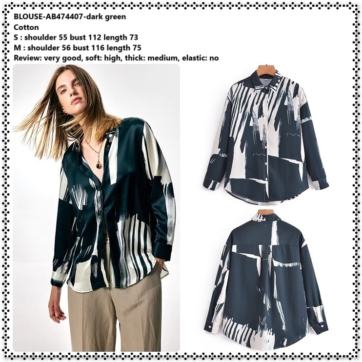 AB474407 Baju Atasan Kerja Kemeja Retro Lengan Panjang Wanita Korea Import Green Hijau Oversize Jumb